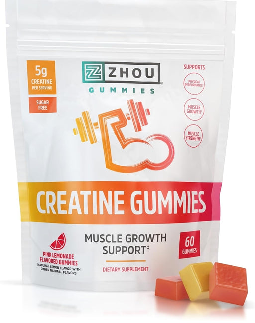 Zhou Nutrition Creatine Monohydrate Chewables 5g for Men & Women, Sugar Free, Organic, Muscle Growth Support, Non GMO, Pink Lemonade, 60 Creatine Gummies