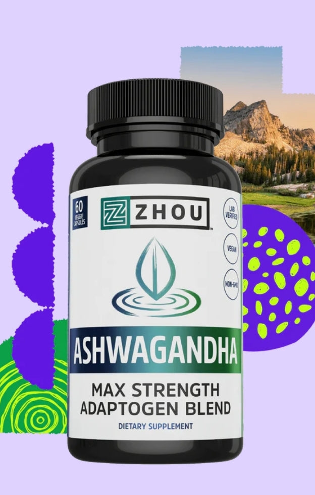 ZHOU ASHWAGANDHA Max Strength Adaptogen Blend 60 Vegcaps.