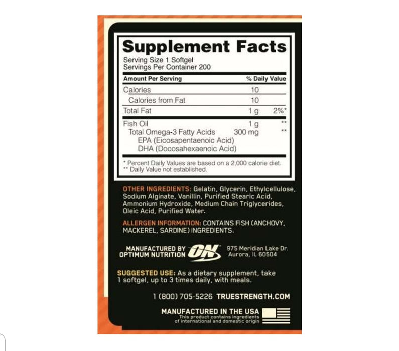 Optimum Nutrition Enteric-Coated Fish Oil Softgels, 200 Ct