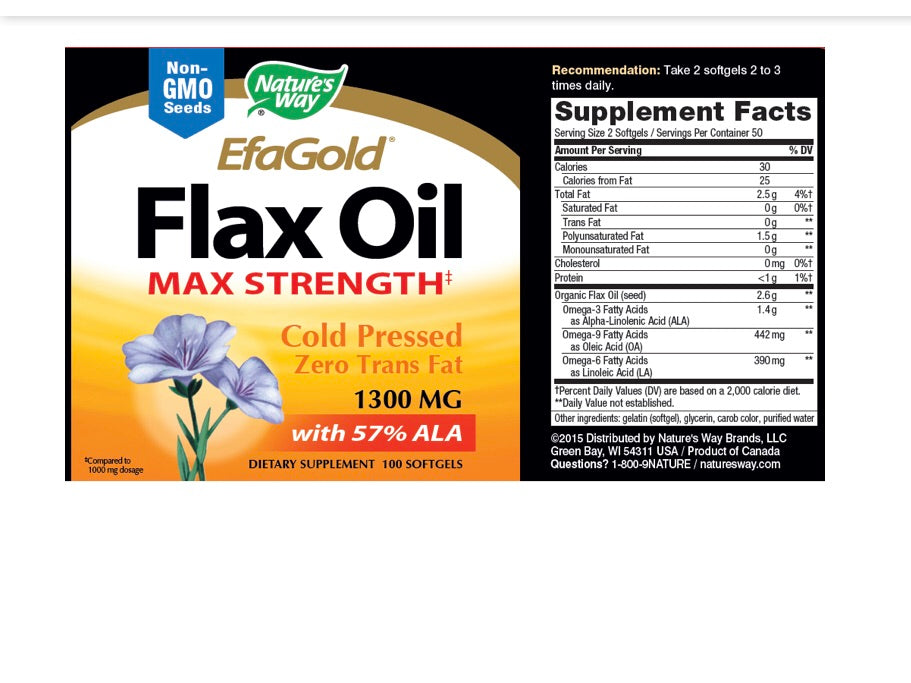 Nature's Way EfaGold Flax Oil Max Strength 1300 mg 100 Softgels